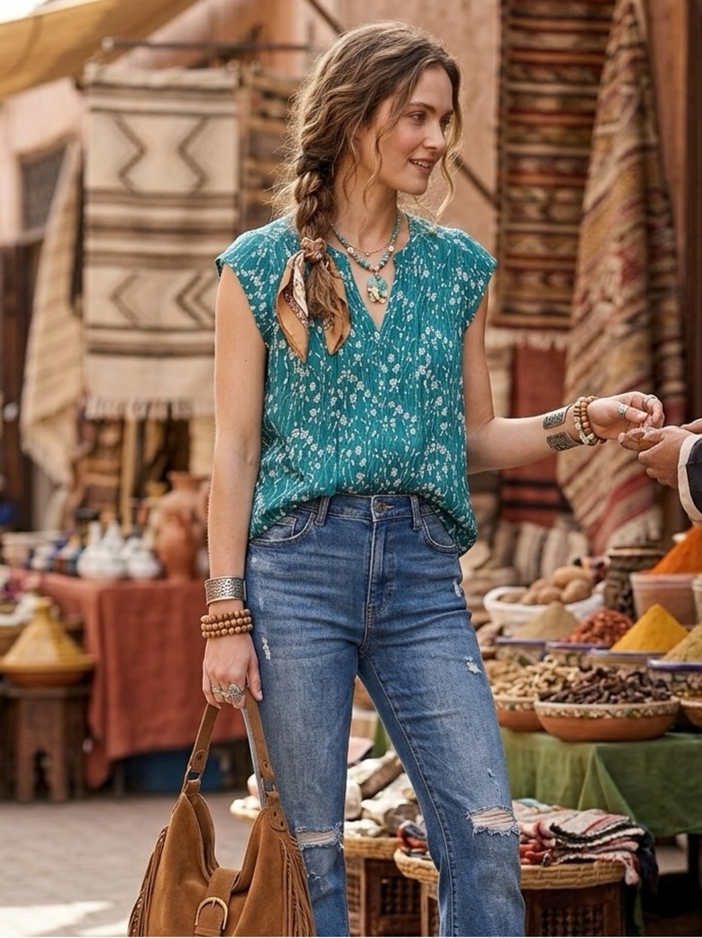 Fun2Fun Cottagecore Teal Green Printed Ditsy Floral Cap-Sleeve Top